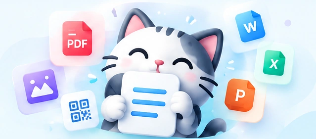 MichiDoc, gato con documento rodeado de iconos de PDF, Word, Excel, imágenes y QR